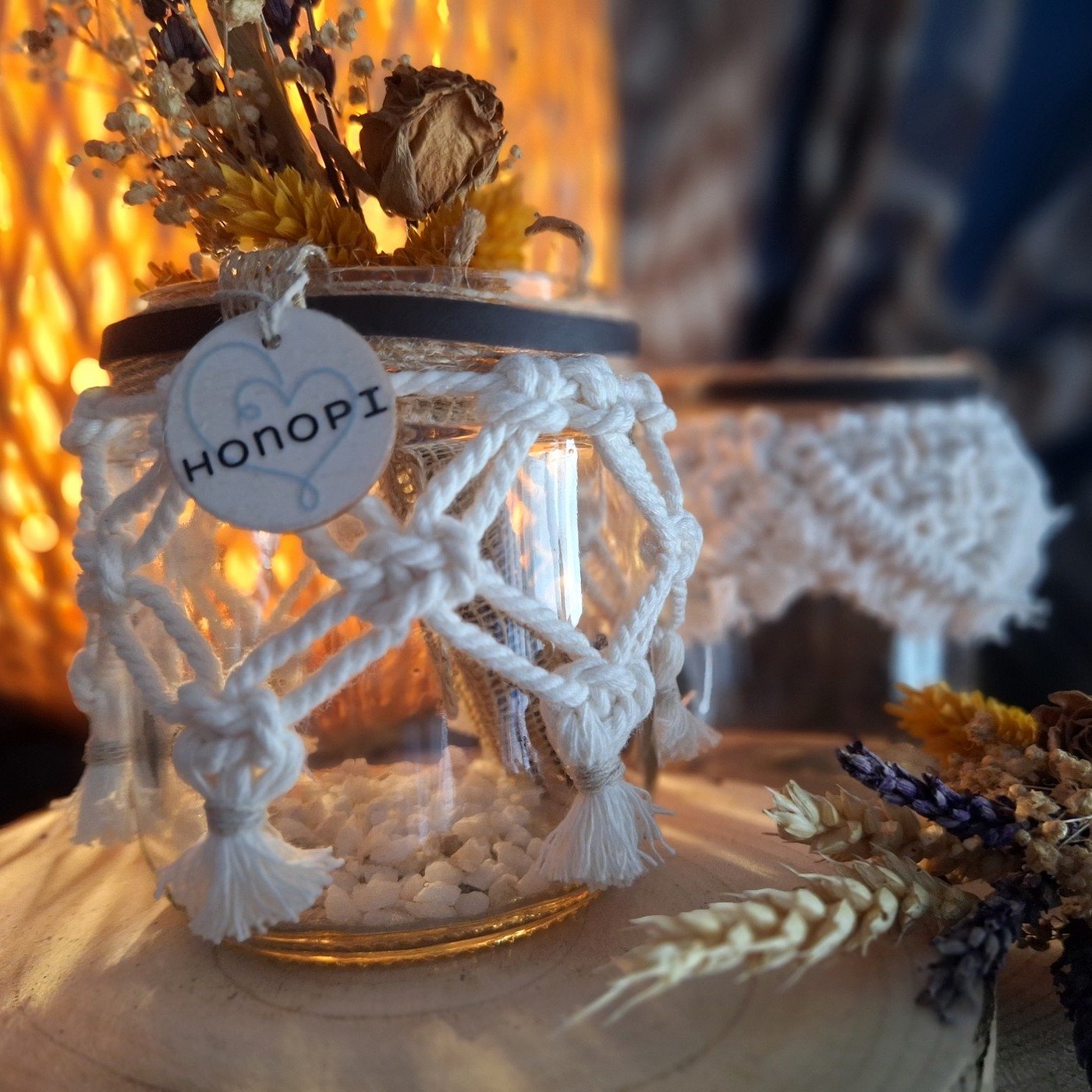 Tarro decorativo de cristal con red de macramé - Imagen 4